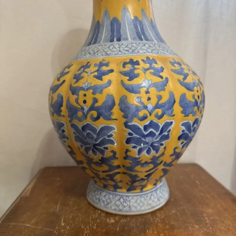 14” Qianlong Style Blue White Yellow Glaze Porcelain Flower‎ Zun Bottle Vase VTG